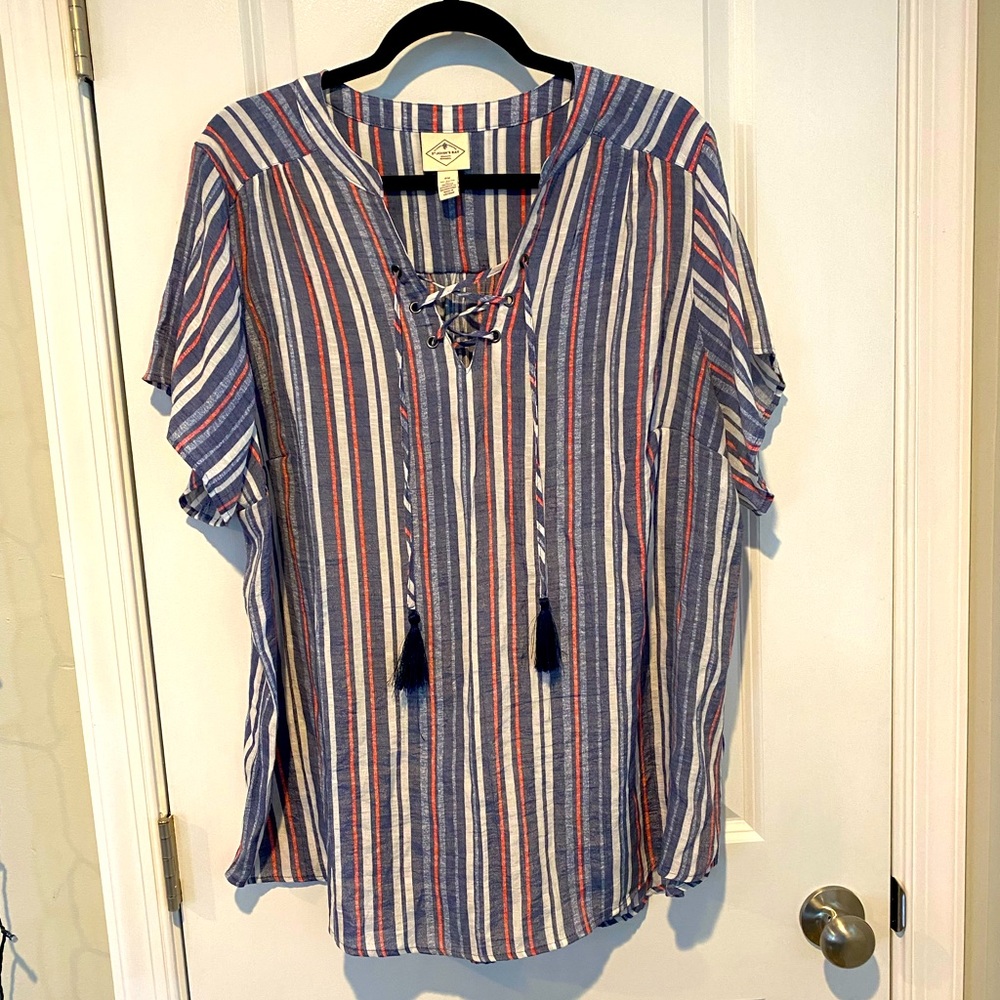 St. John’s Bay Striped Tassle Tie Top 2x Short Sleeve Blouse Red white blue